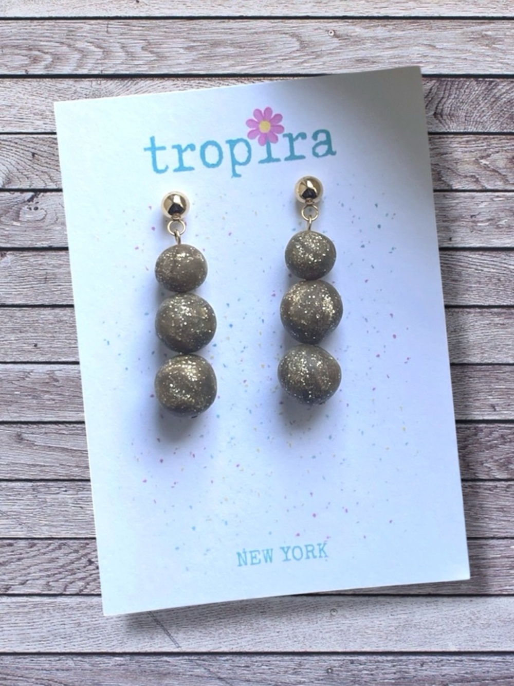 Darkest Olive Green Gold Glitter Triple Bead Drop Earrings